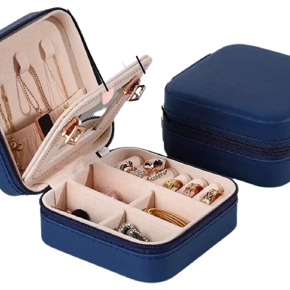 Navy Blue Jewelry Box w/ Mirror Travel Case Earrings, Rings, Necklaces NEW